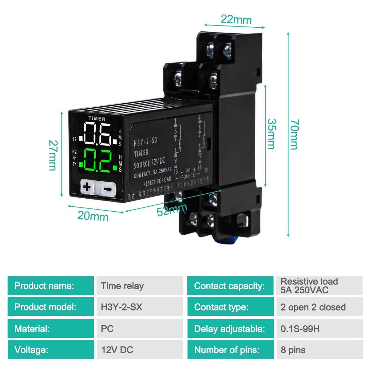 Digital Display Time Relay 8 Pin 12V DC Adjustable Delay for Automation
