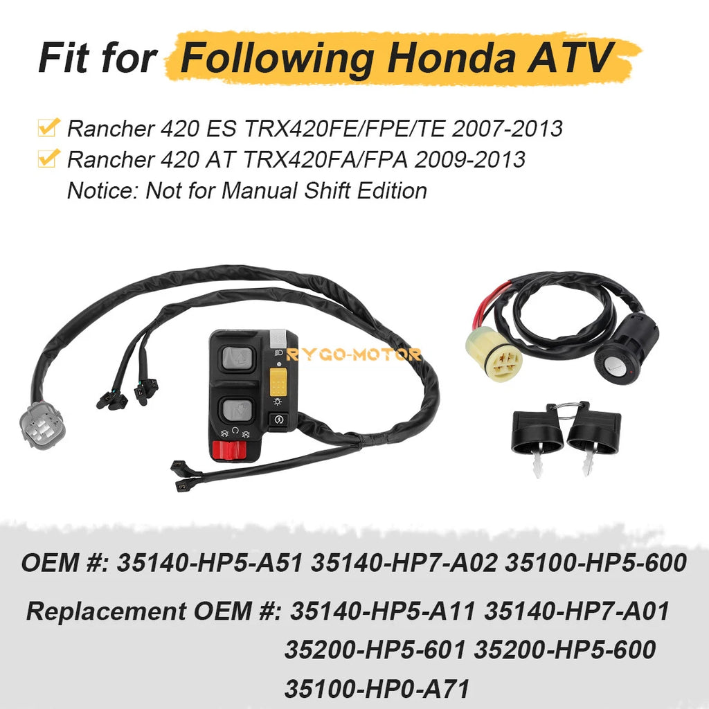 Left Handlebar Switch & Key Switch Kit for Honda Rancher 420 TRX420 (2007–2013)