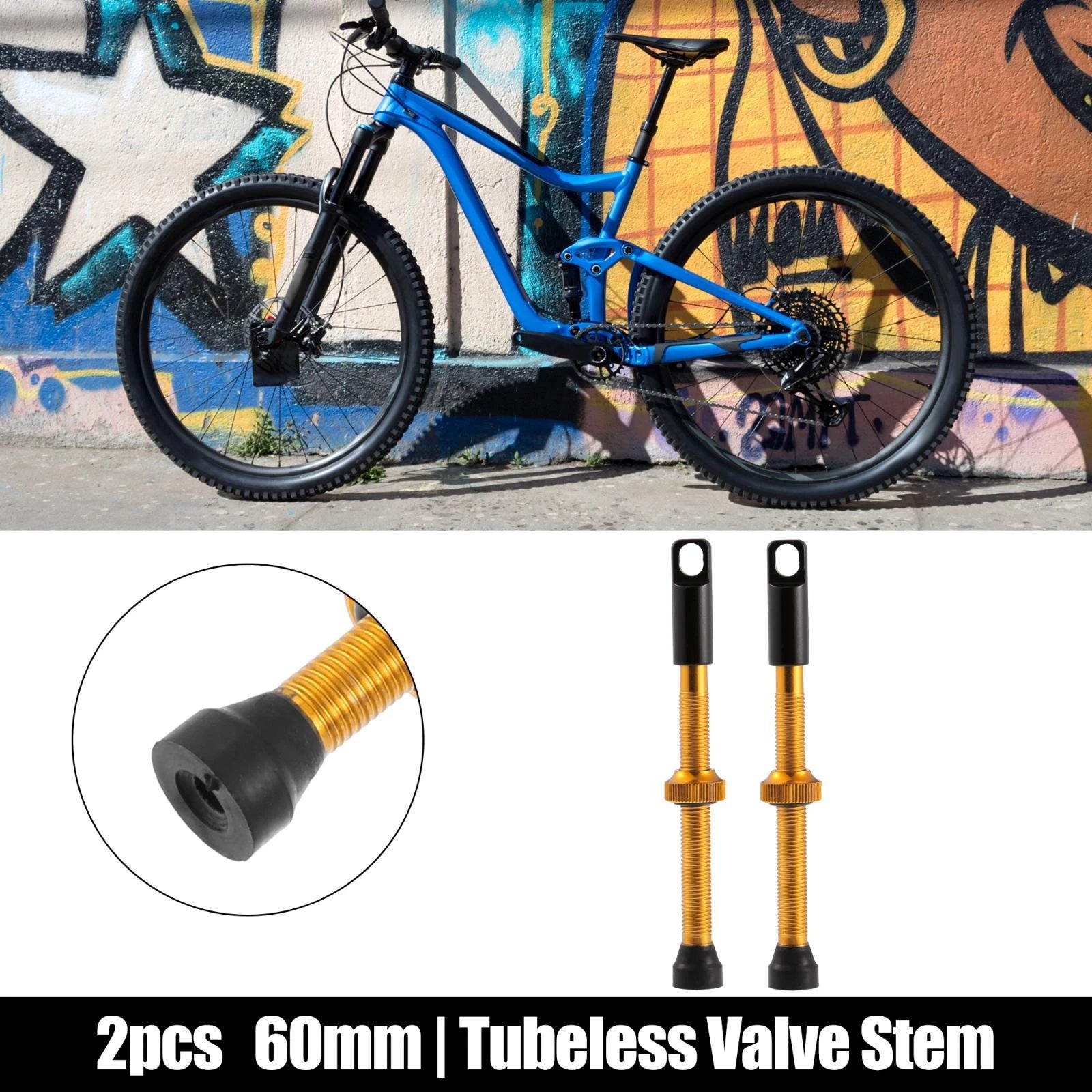 Tubeless Valve Stems 60mm 2pc with Core Tool for Bike Wheels (Gold)