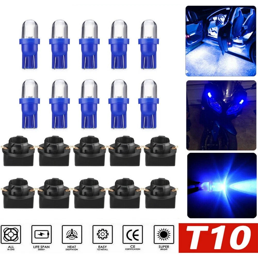 10 Blue 194 LED Bulbs for Instrument Gauge-Cluster Dash Light with Socket