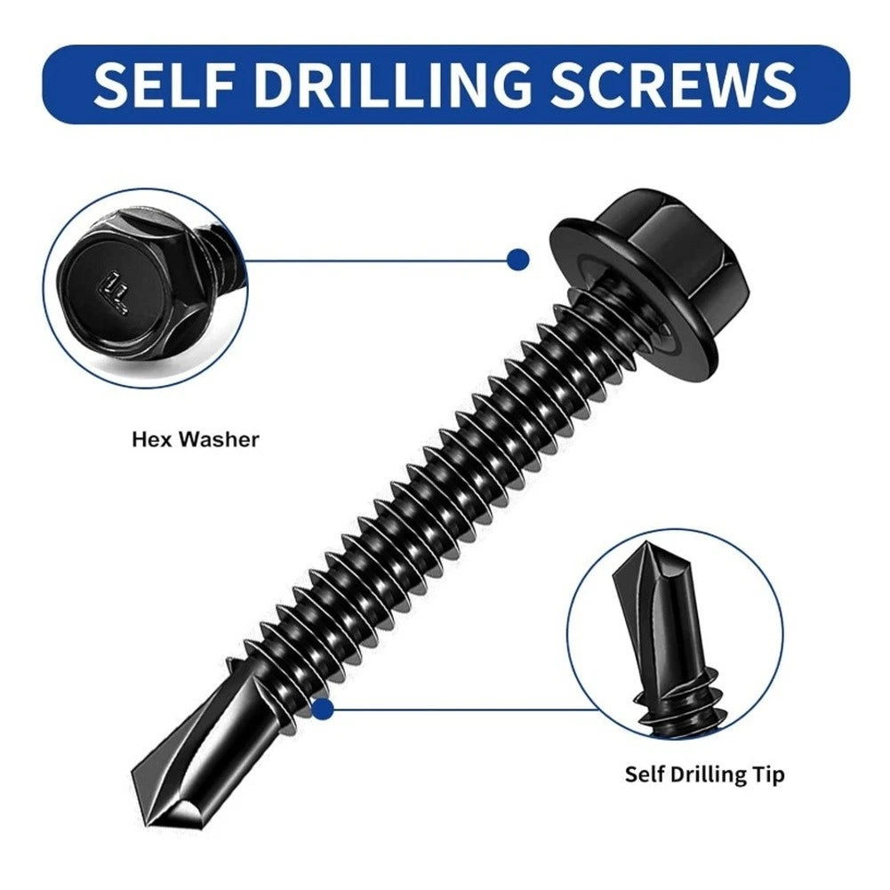 Set of 220 Black Self Drilling Screws - 410 Stainless Steel Hex Head