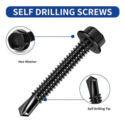 Set of 220 Black Self Drilling Screws - 410 Stainless Steel Hex Head