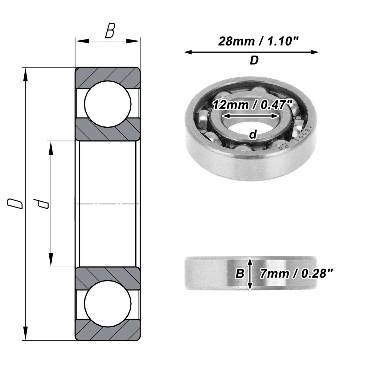 1 Pc Deep Groove Ball Bearing for Scooter Skateboard (16001)