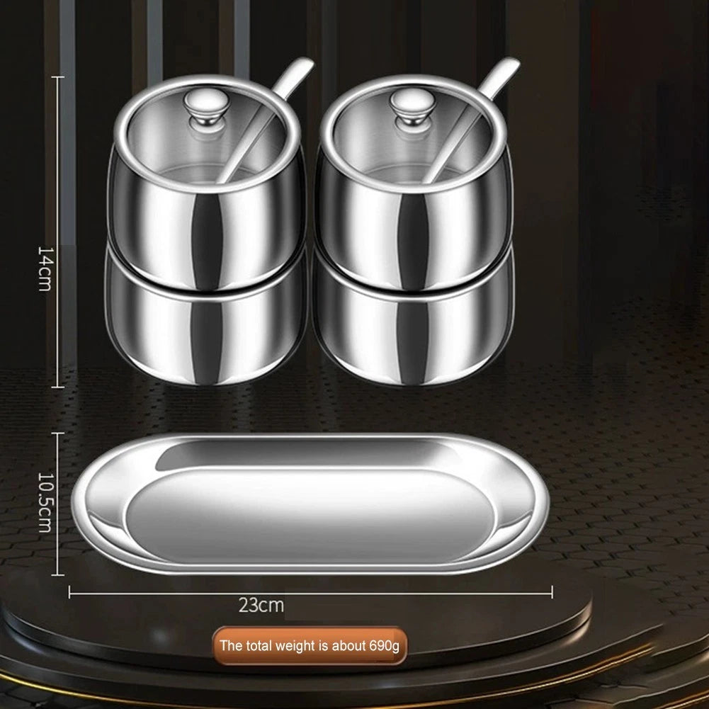 4 Piece Stainless Steel Spice Jar Set with Lids and Tray