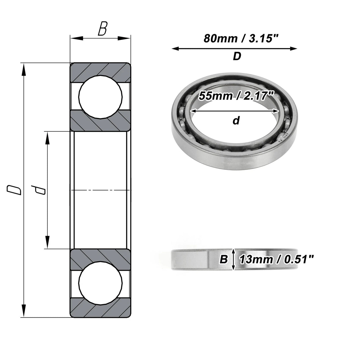 Deep Groove Ball Bearing 55x80x13mm for Scooter Skateboard (1 Pc)