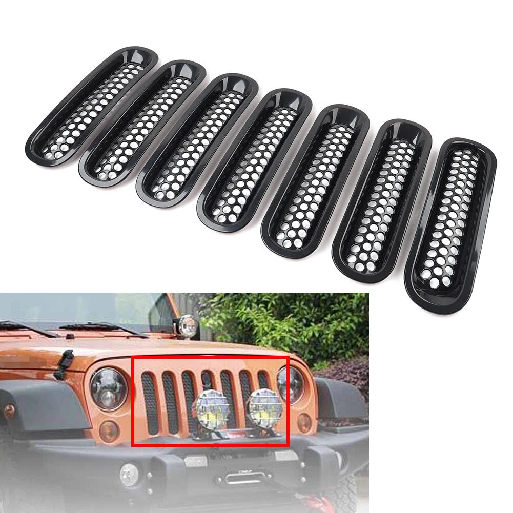 7X Black Front Insert Mesh Grille Trim for Jeep Wrangler JK (2007–2017)