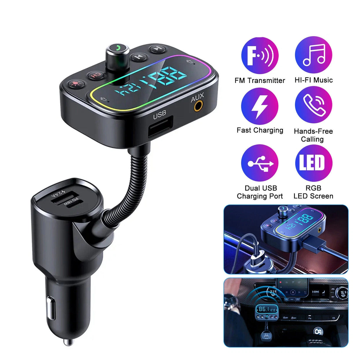 Bluetooth 5.0 FM Transmitter Adapter for Car with 2x USB & Type-C AUX