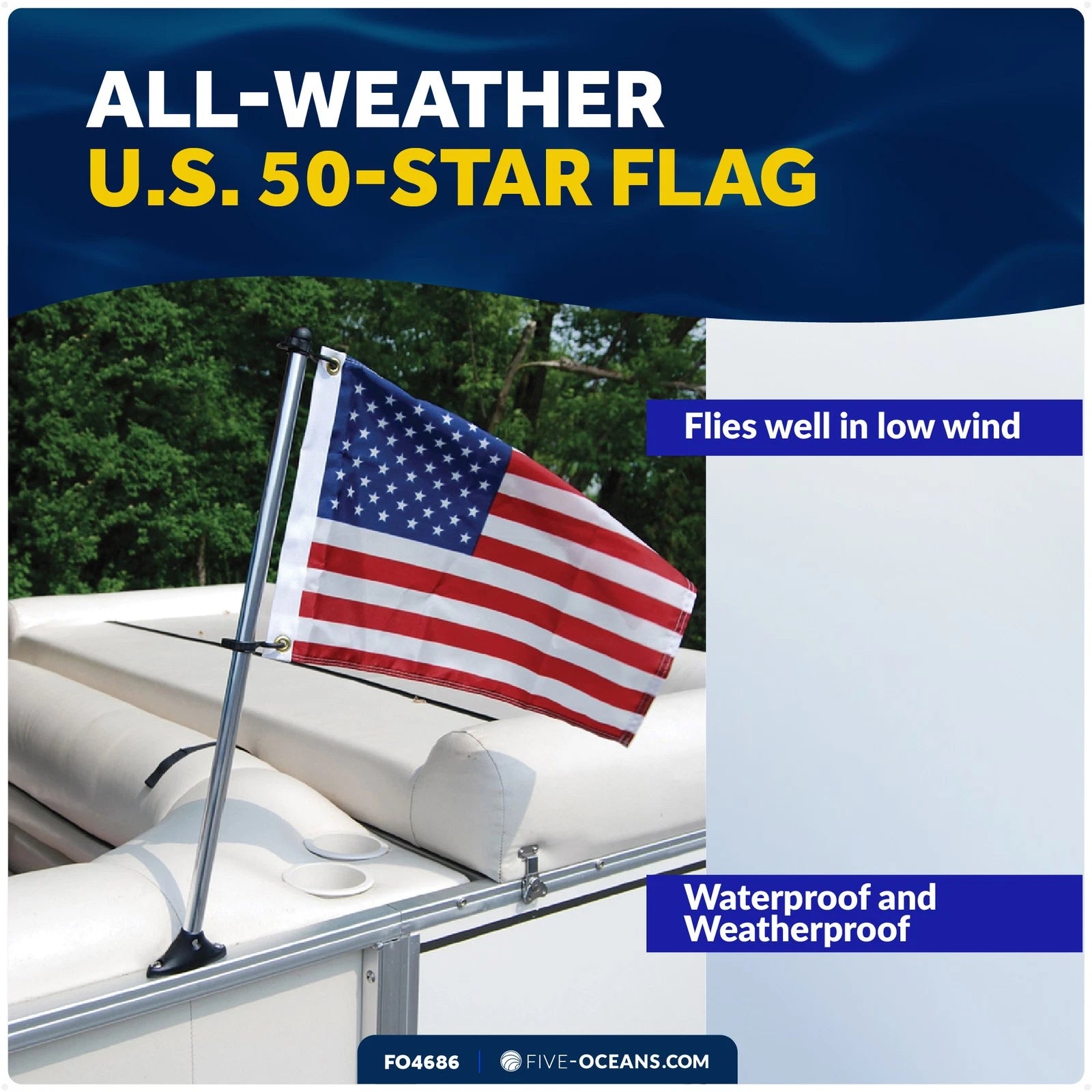 Pontoon Flag Pole Socket with US Flag for Boats (12" x 18")