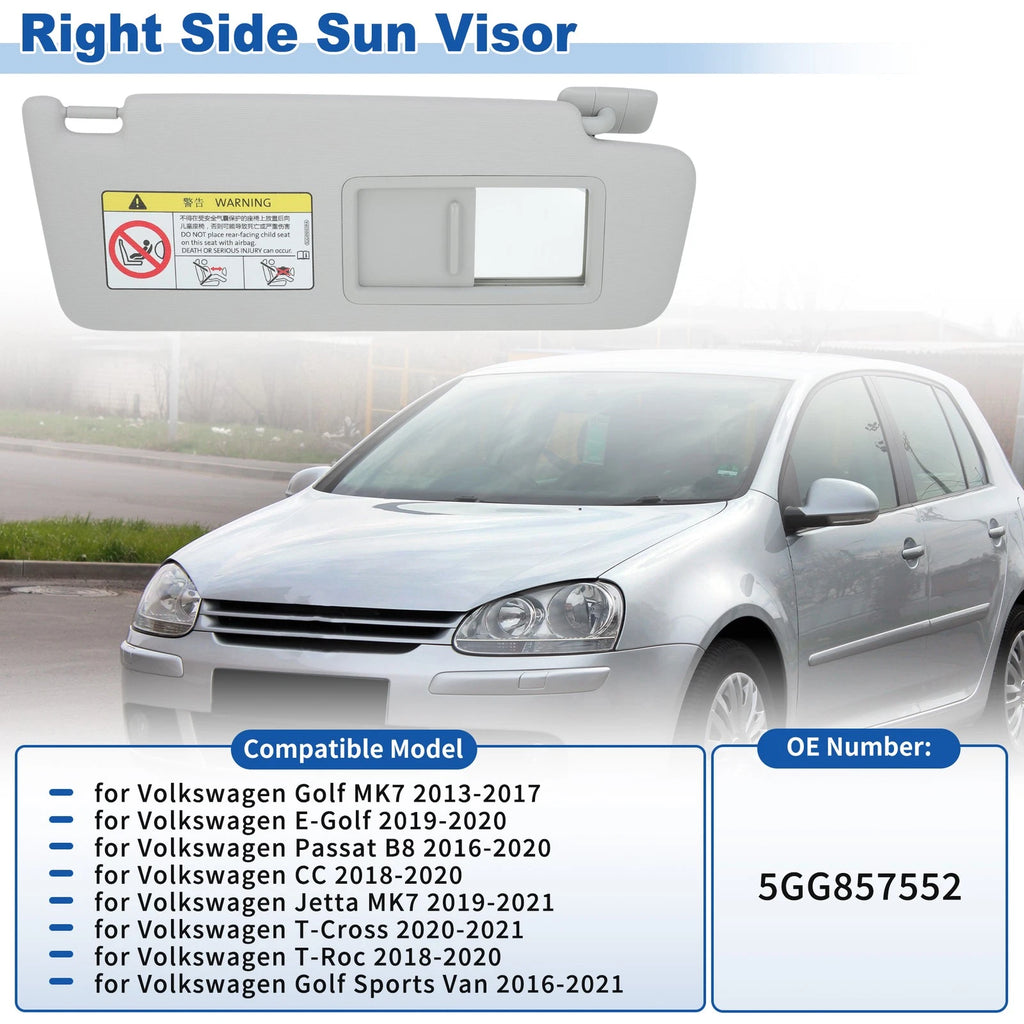 Right Side Sun Visor for Volkswagen Golf MK7 2013–2017 Gray Replacement