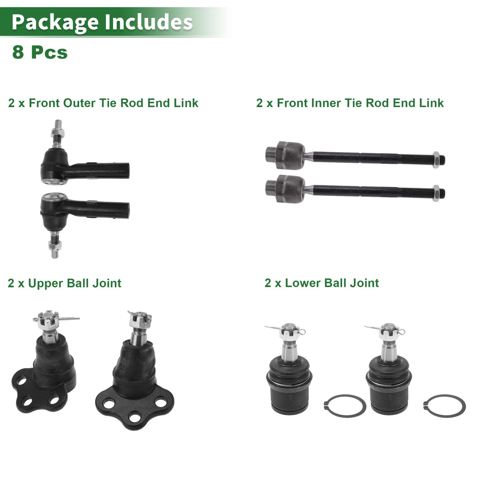 8 Pcs Front Outer Inner Tie Rod Ends & Ball Joints for Dodge Dakota (1997–2004)