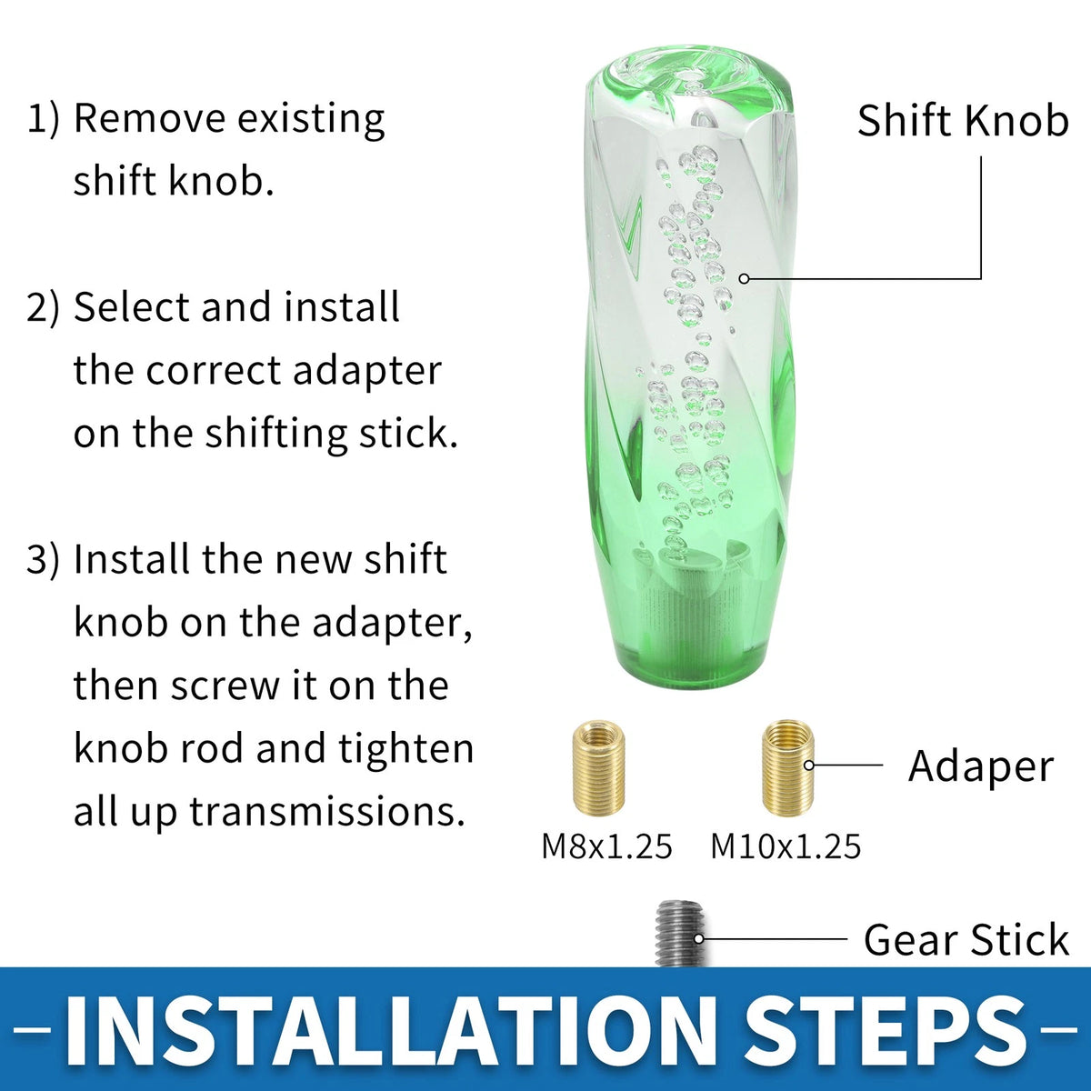 Shift Knob with 2 Adapters for Universal Vehicles (15cm, Light Green)