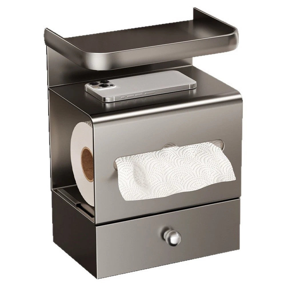Space Saving Wall Mounted Tissue Box Shelf - Black Steel (24.5x19.2cm)