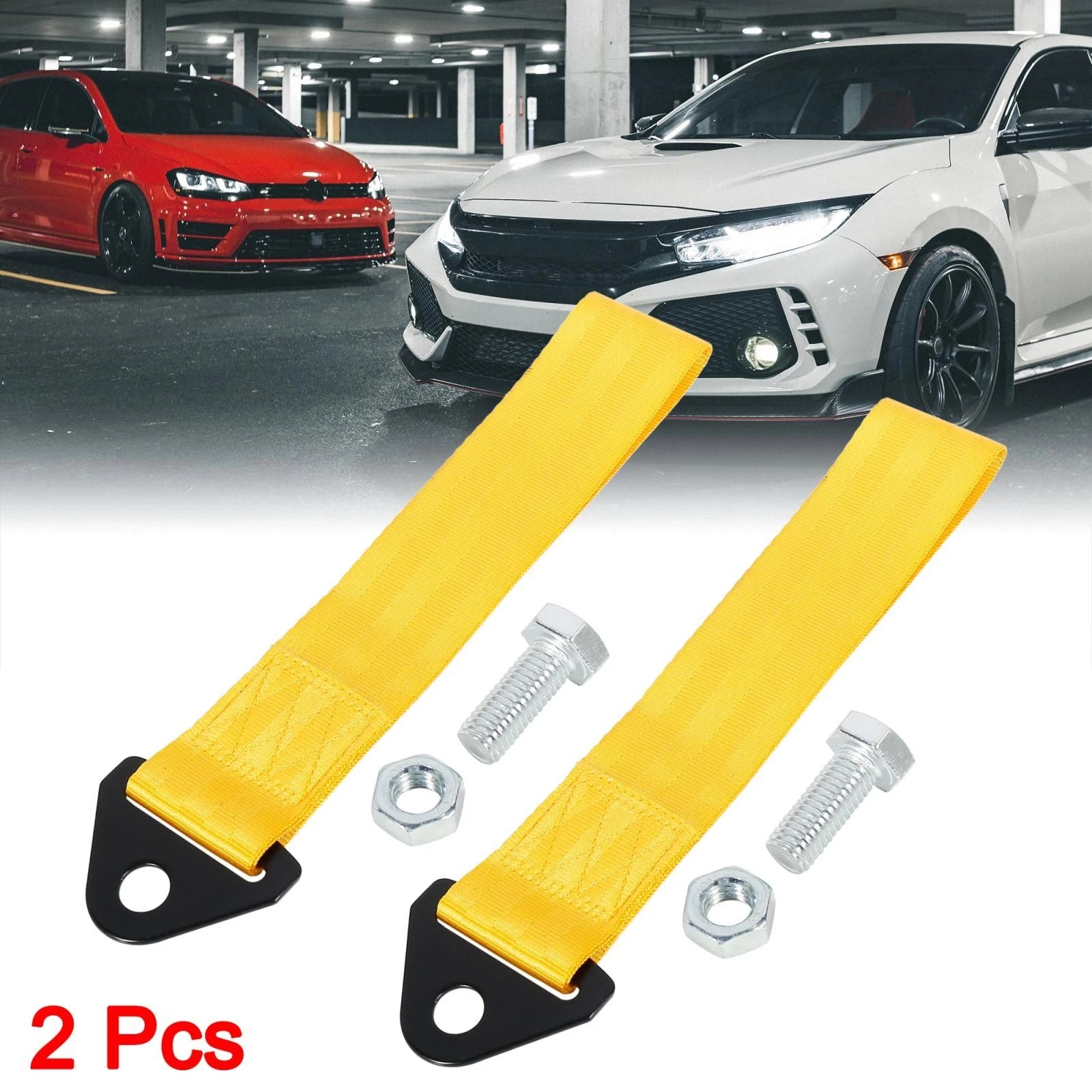 2pcs Tow Hook Strap Kit Yellow Universal for Car Truck SUV (Universal)