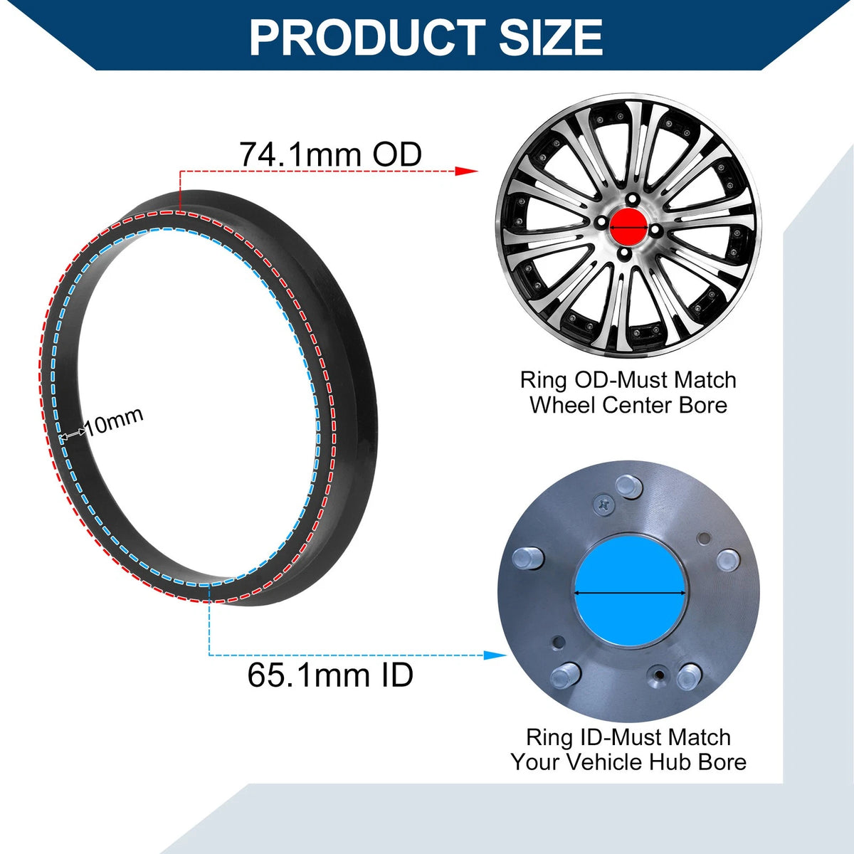 2X Wheel Hub Centric Rings for Car (OD 74.1mm ID 65.1mm) Black Polycarbonate