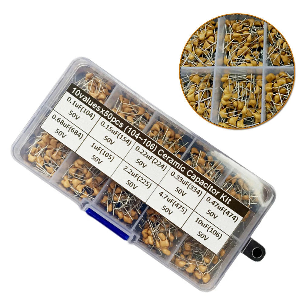 500pcs Ceramic Capacitor Assorted Kit 0.1uF–10uF 50V