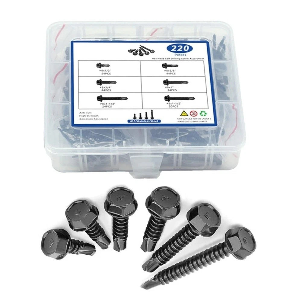 Set of 220 Black Self Drilling Screws - 410 Stainless Steel Hex Head