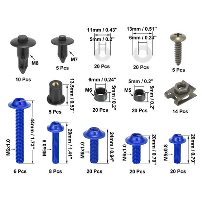 Motorcycle Fairing Body Bolts Fastener Blue for Yamaha Honda BMW (195pc)