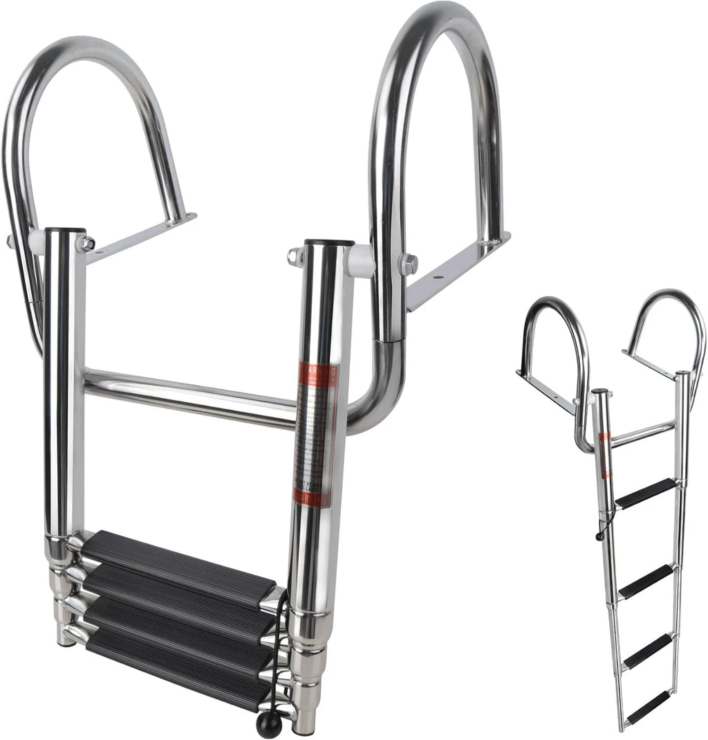 4 Steps Folding Pontoon Boat Ladder for Universal Use (Telescoping, Stainless Steel)