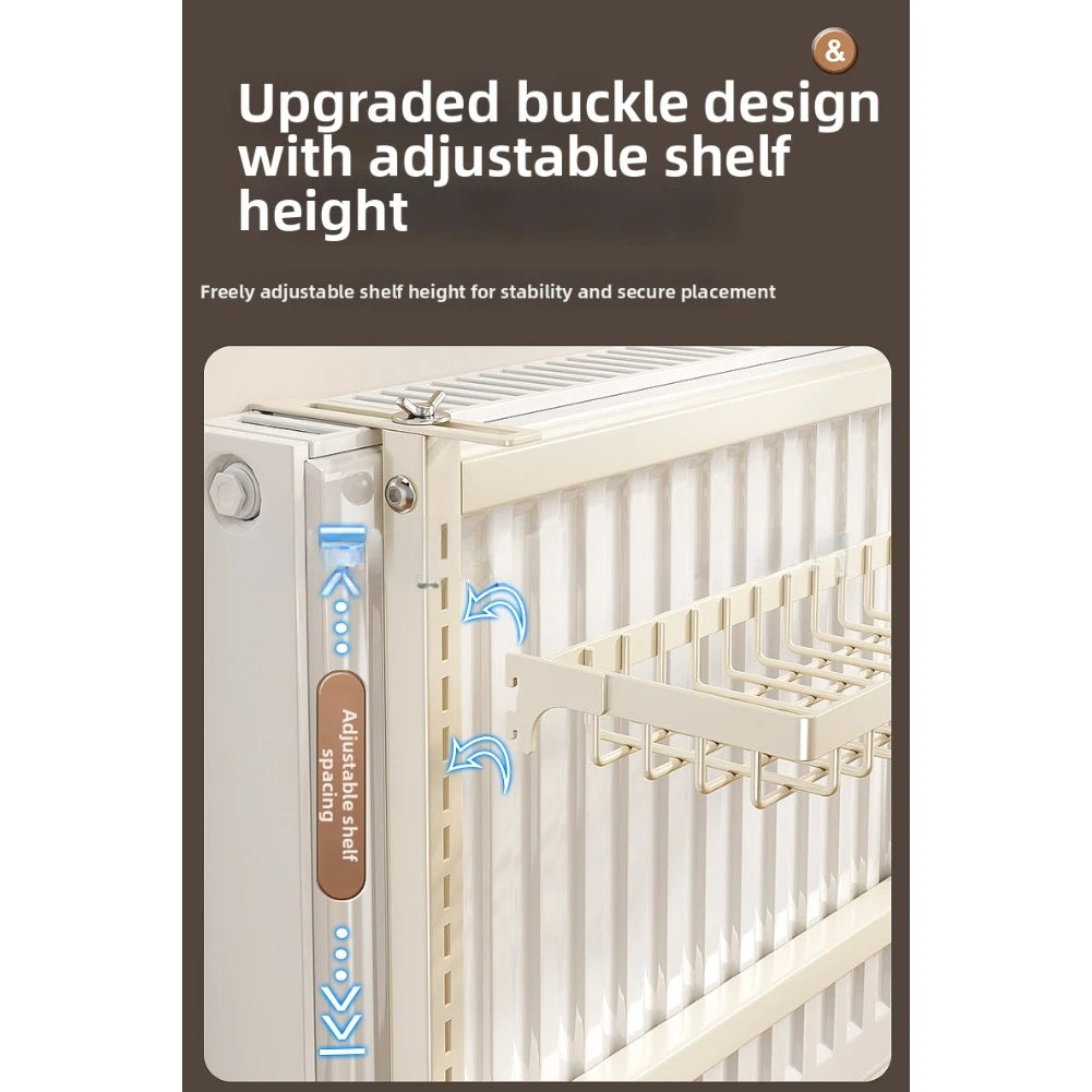 White Iron Radiator Shelf with Towel Rail and Double Storage Baskets