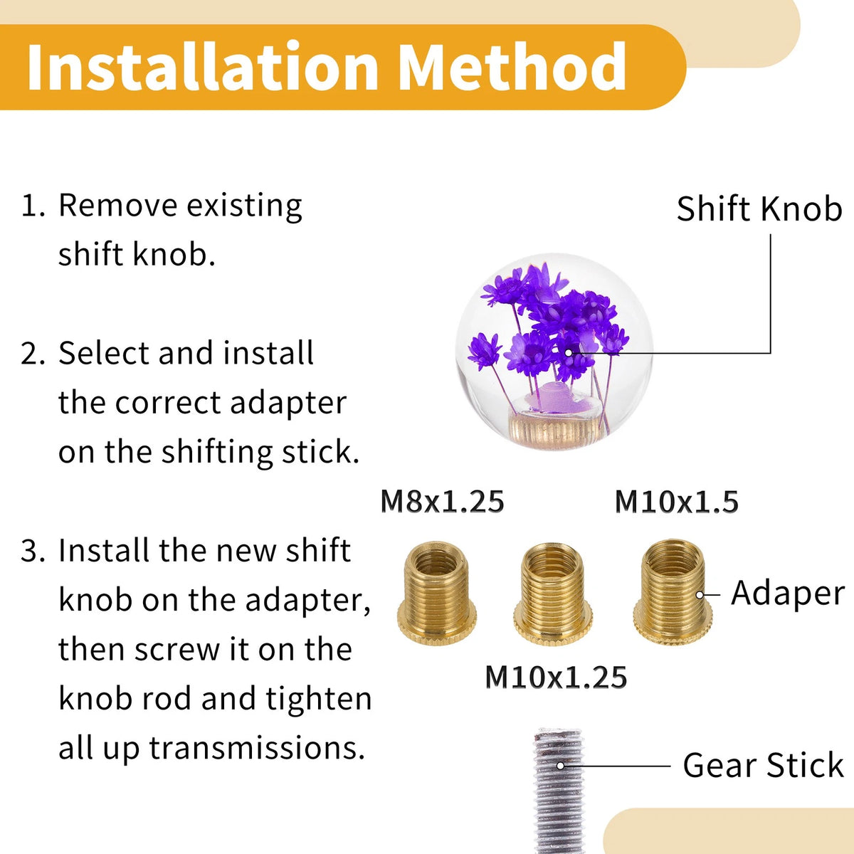 Set of 1 Shift Knob with 3 Adapters for Universal Vehicles (5.4cm, Purple)