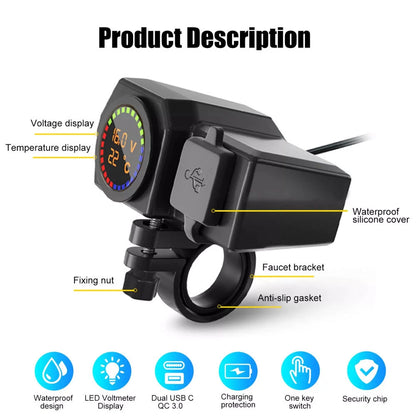 Motorcycle Dual USB Fast Charger Adapter QC 3.0 Type-C LED Voltmeter Waterproof