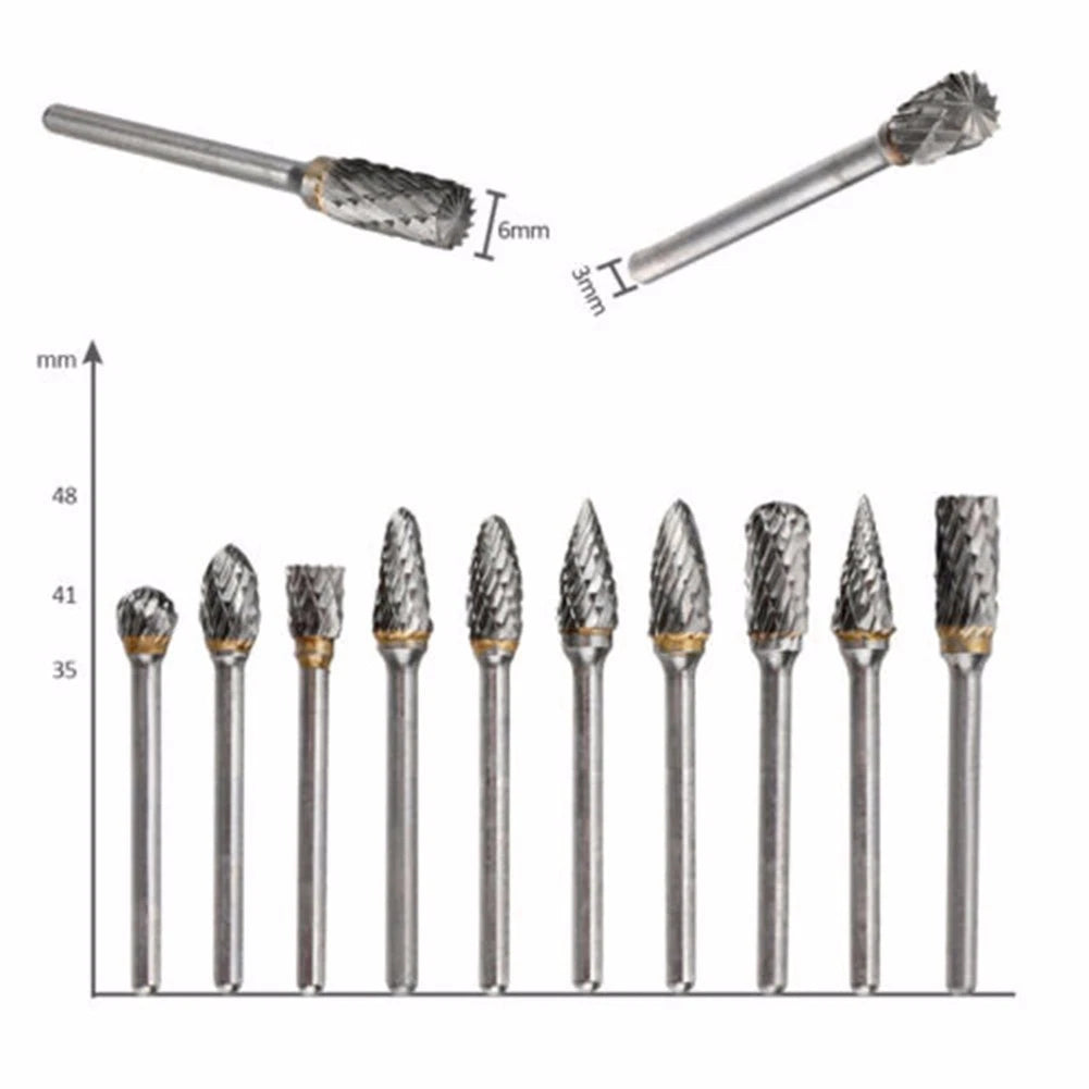 10 Tungsten-Head Carbide Burrs for Rotary Drill Grinder Carving Bit