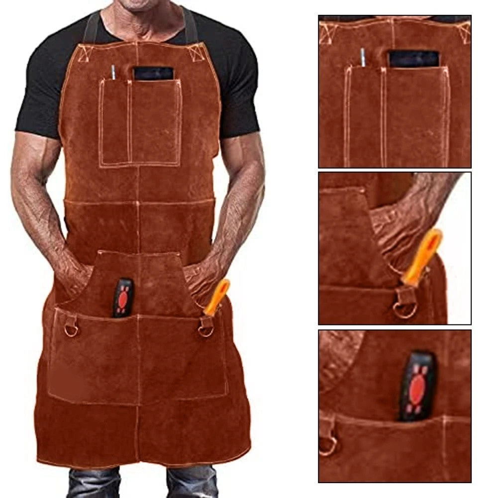 Heavy Duty Leather Welding Apron with 6 Pockets for Heat Protection