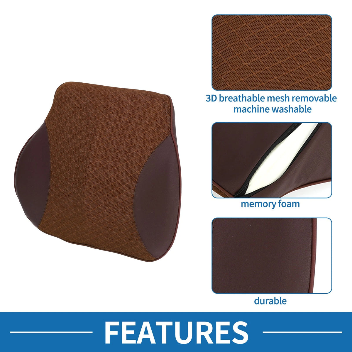 Lumbar Cushion for Car Seat - Memory Foam Support (36x39.5x9cm) Brown