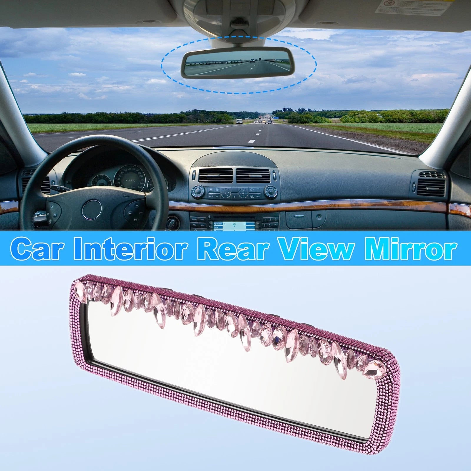 Interior Rearview Mirror Clip-On Rectangle Pink for Universal Fit (1 pcs)