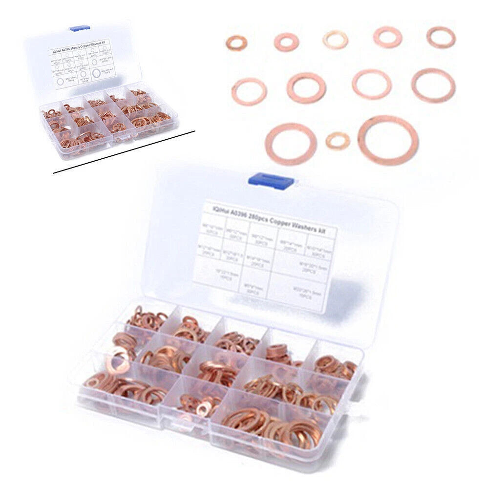 280pcs Solid Copper Crush Washers Assorted Seal Flat Ring Hardware Kit