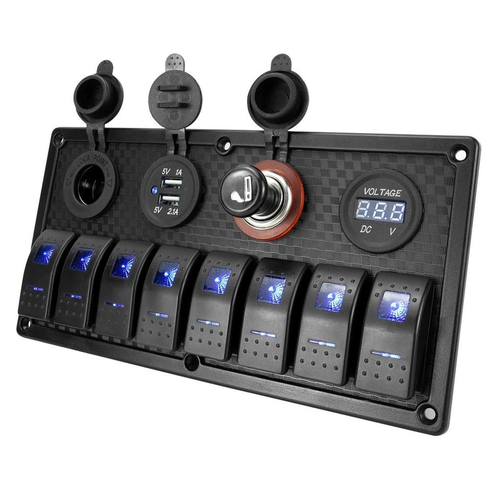 8 Gang Rocker Switch Panel with Digital Voltmeter & USB Charger for Vehicles
