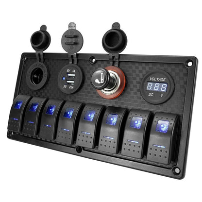 8 Gang Rocker Switch Panel with Digital Voltmeter & USB Charger for Vehicles