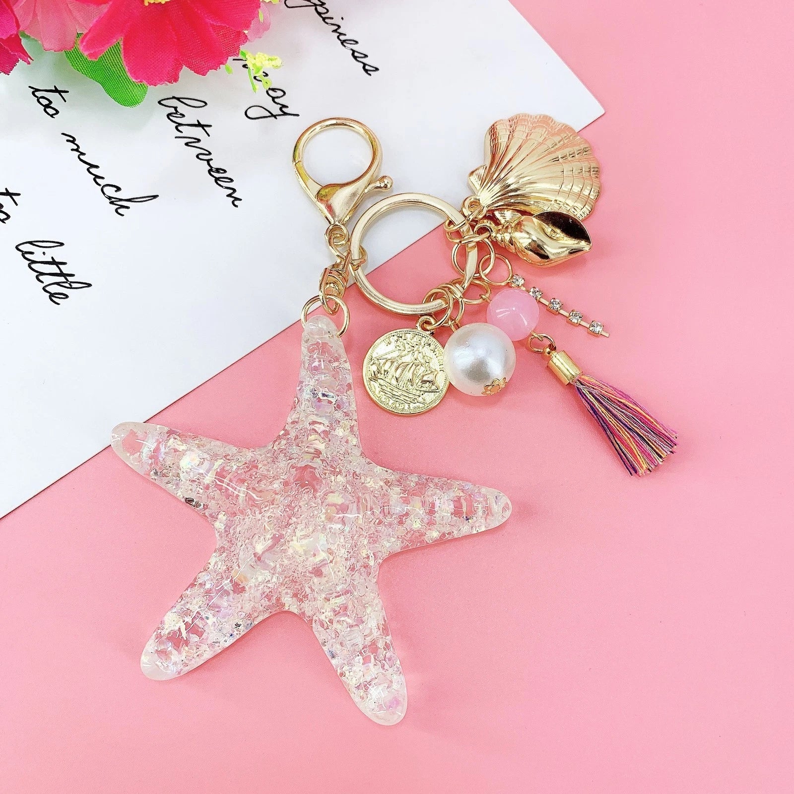 Seashell Charm Keychain for Universal Use (Pink, Beads, Acrylic Starfish)