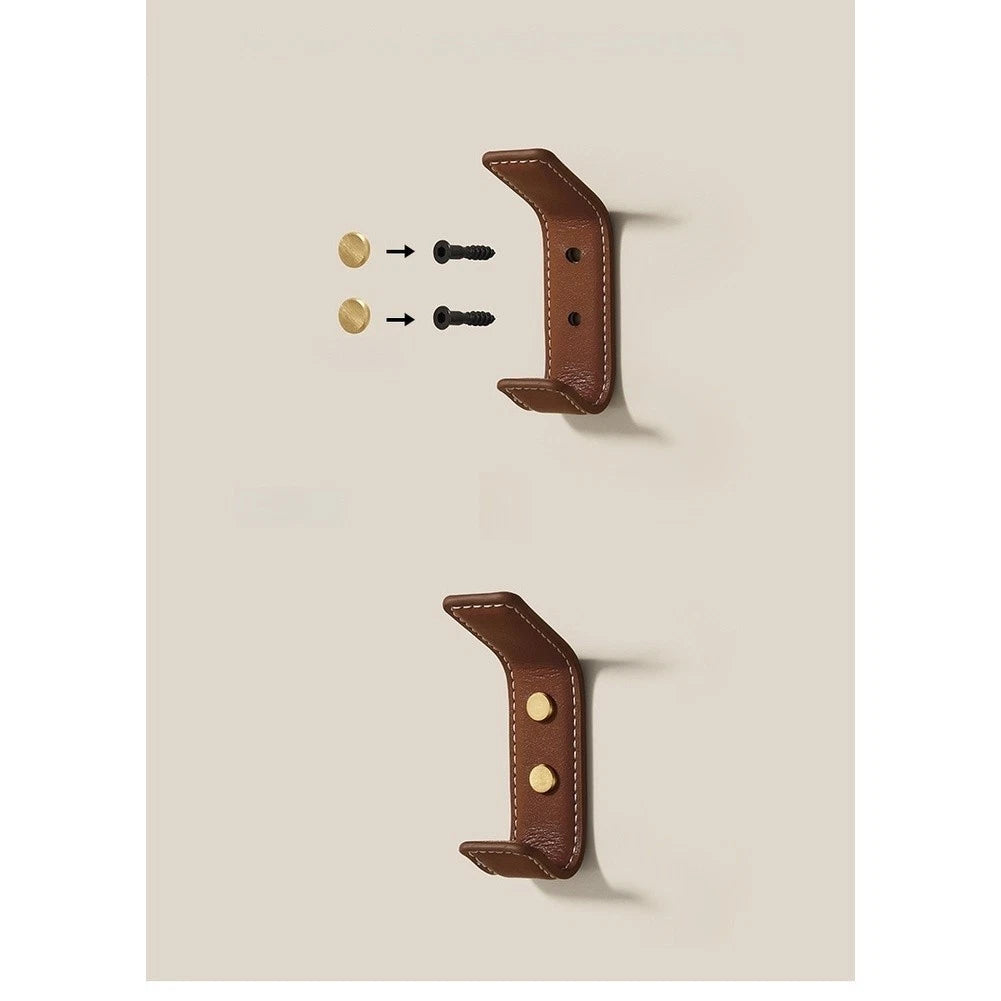 2X Modern Two-Bar Wall Hook with Leather Detail for Entryway Mount
