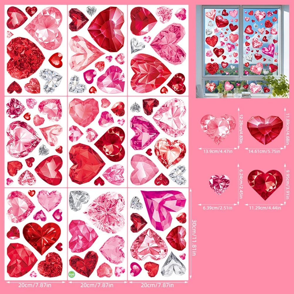 9 Sheets Red Heart Window Stickers for Valentine's Day Celebration