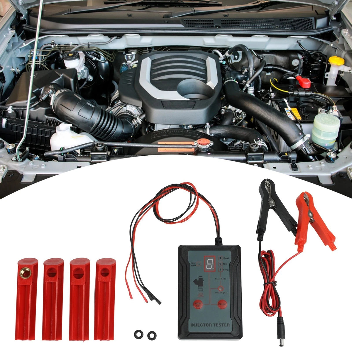 Injector Tester with 4 Size Adapters, 8 Pulse Modes, Dual Channel Feature