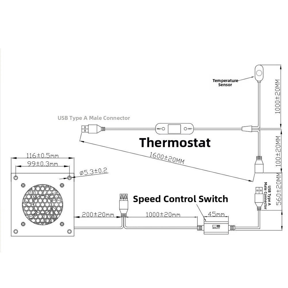 Quiet USB Fan 3-Speed for Cabinets (0-60C Temperature Control)