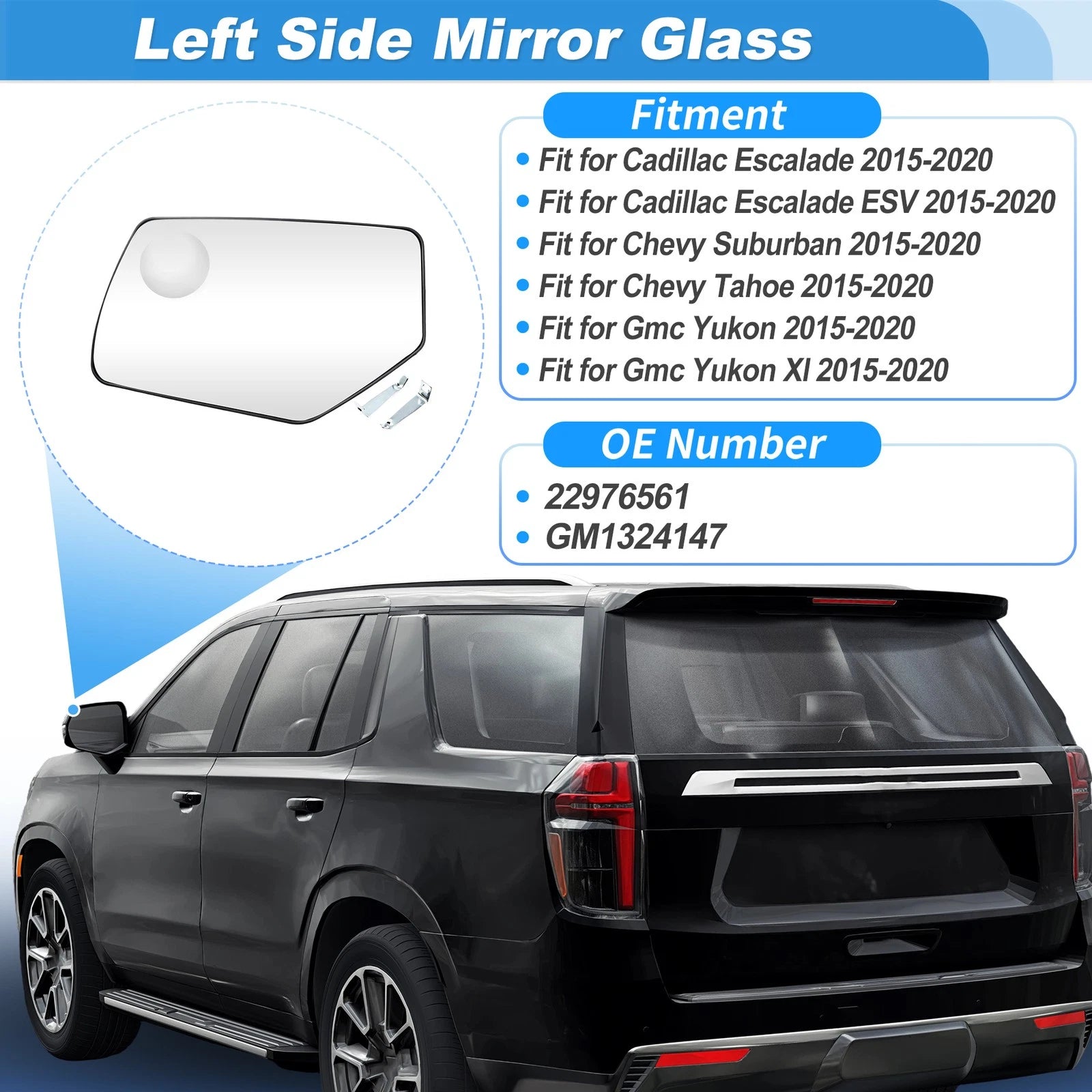Left Side Heated Convex Mirror Glass Replacement for Cadillac Escalade (2015–2020)