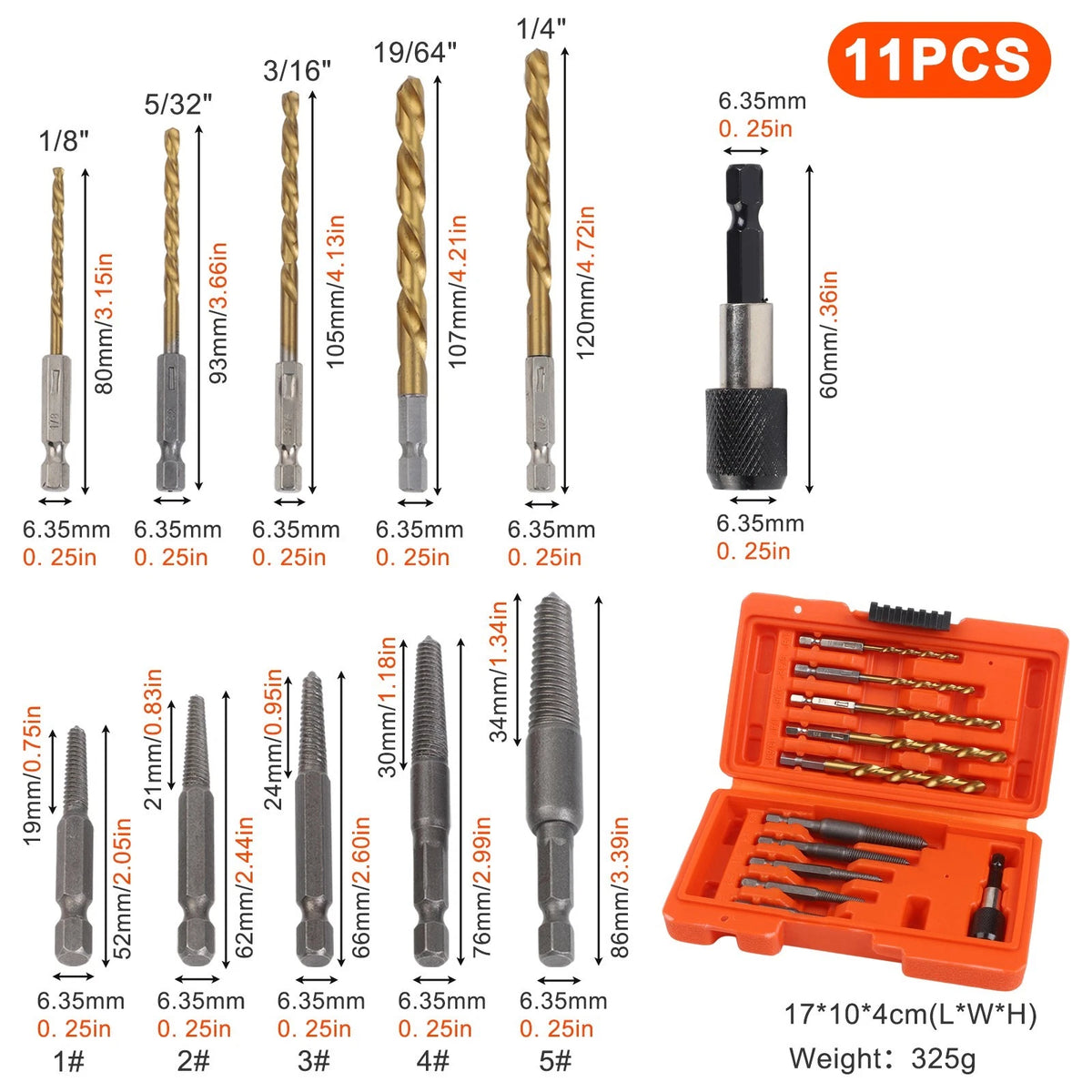 11Pcs Left Hand Drill Bits and Screw Extractor Set for Automotive Repairs