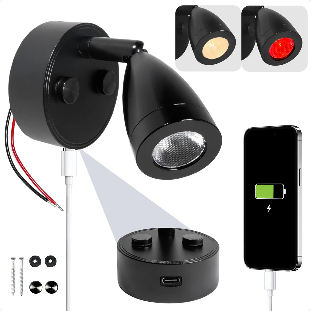 RV LED Reading Light for Universal Use (12V) - Touch Dimmer, USB-C, Black