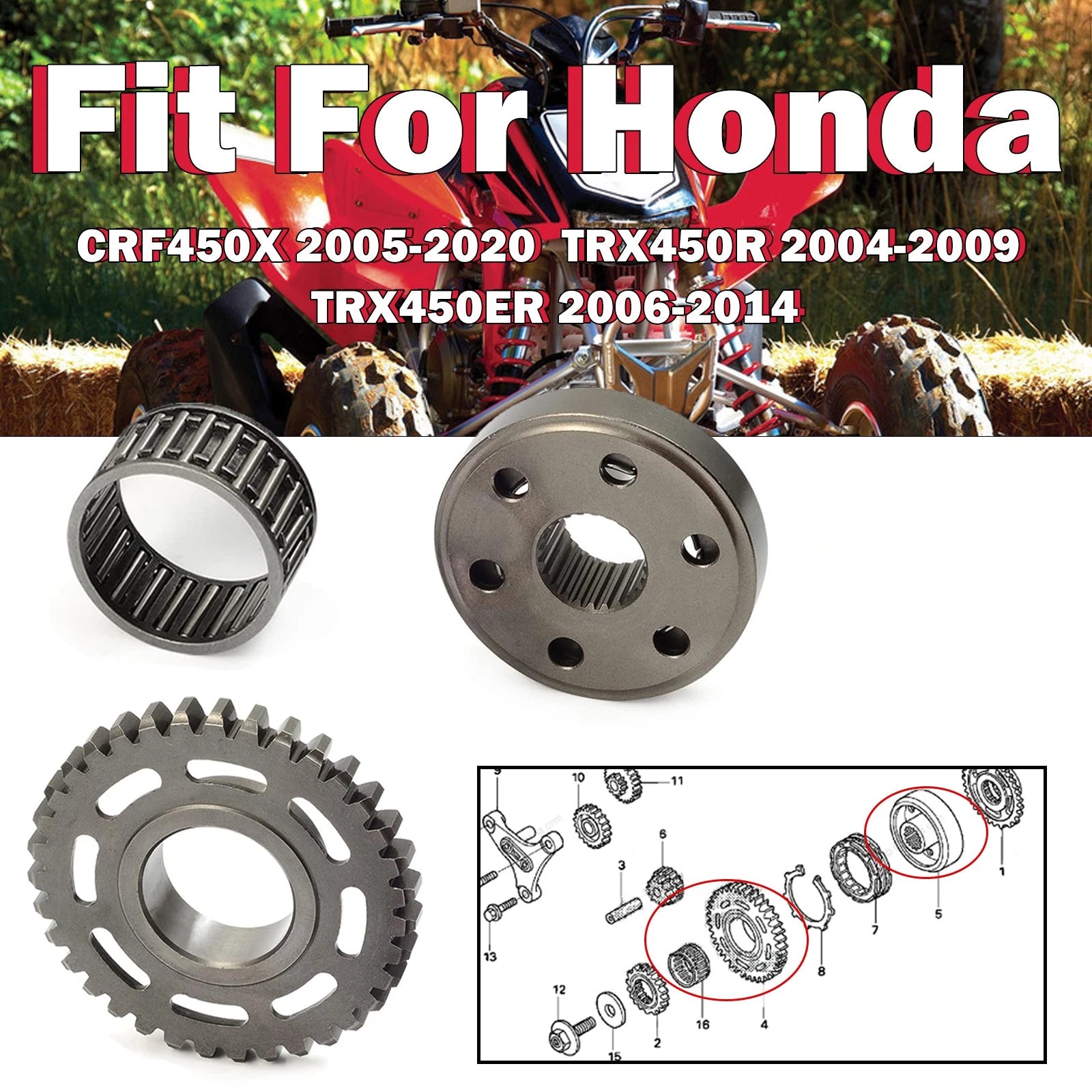 One-Way Starter Clutch Gear Bearing Kit for Honda CRF450X TRX450ER (2005–2014) 28125-MEY-671