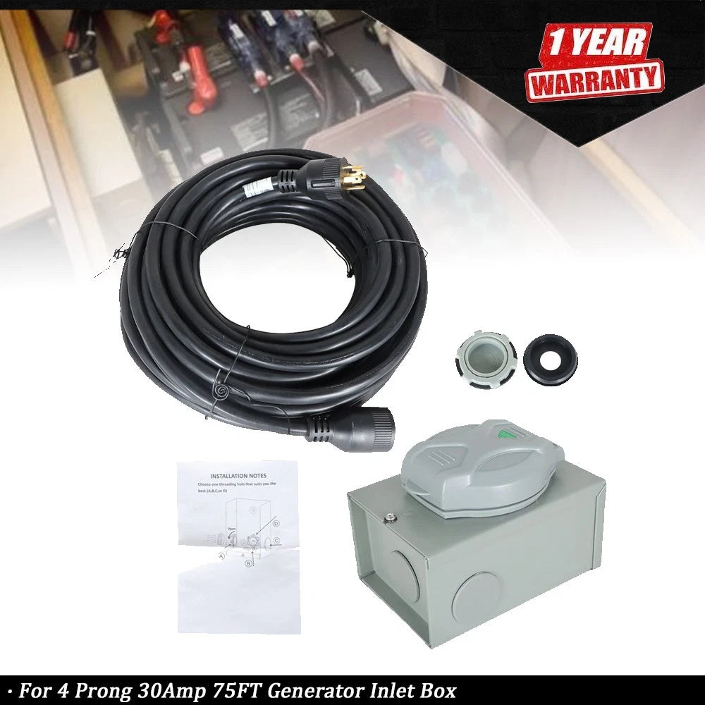 Generator Inlet Box & Extension Cable Combo NEMA L14-30 (75FT, 30Amp)