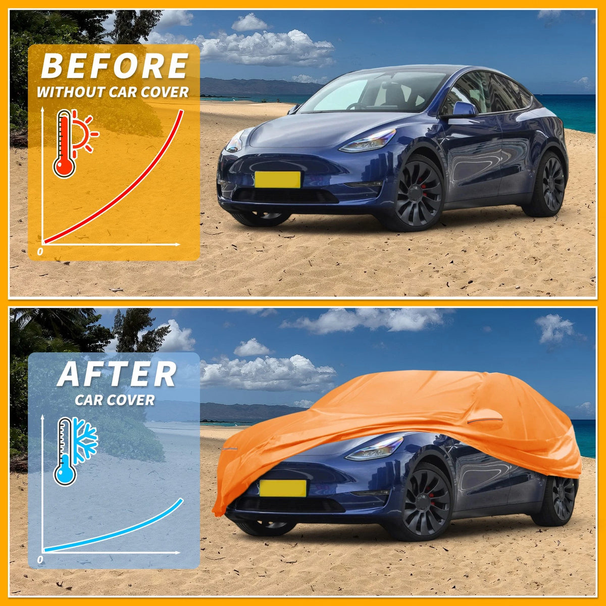 Waterproof Car Cover for Tesla Model Y (2020–2023) - Orange Cotton, Zipper