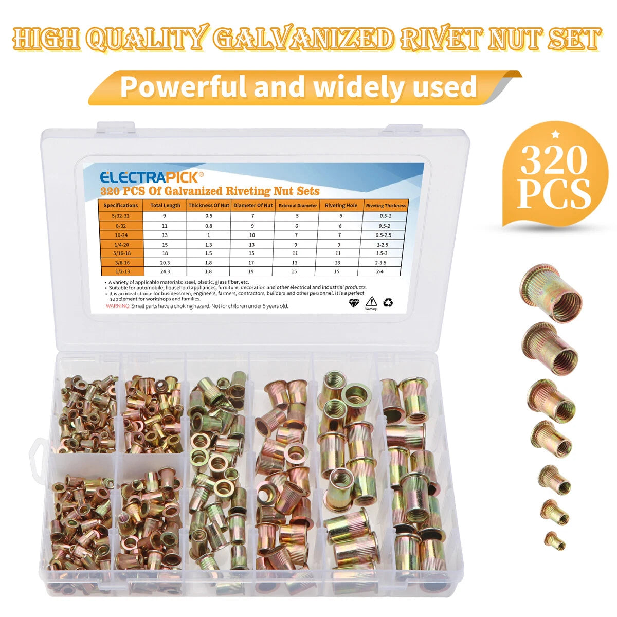 Set of 320 Mixed Rivnuts for Various Applications (M3-M12)