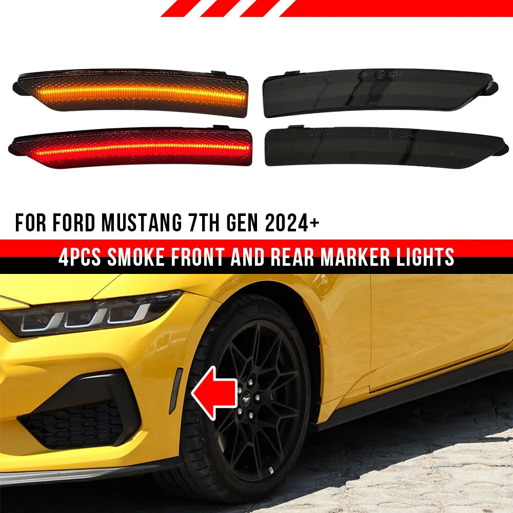 4X Smoked Front Rear Bumper Side Marker Lights for Ford Mustang (2024–2024)