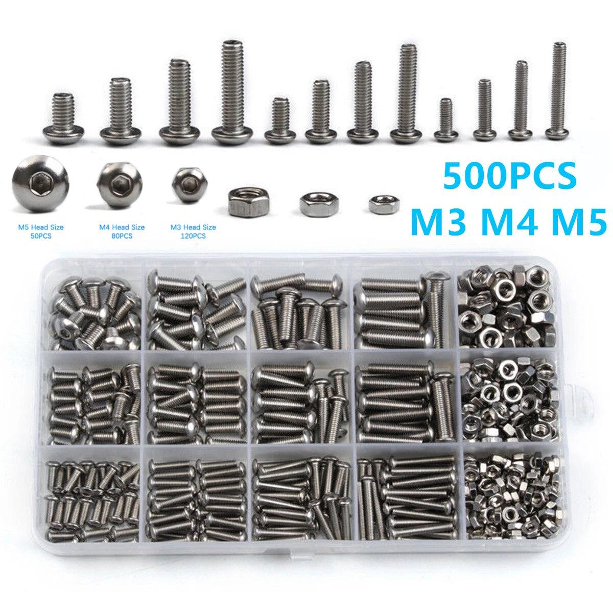 500PCS Hex Socket Head Bolts Screws Nut Assorted Kit for Automotive Use