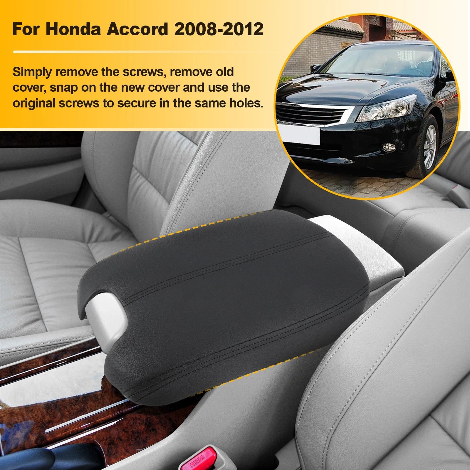 Center Console Lid Cover w/Base Black for Honda Accord (2008–2012)