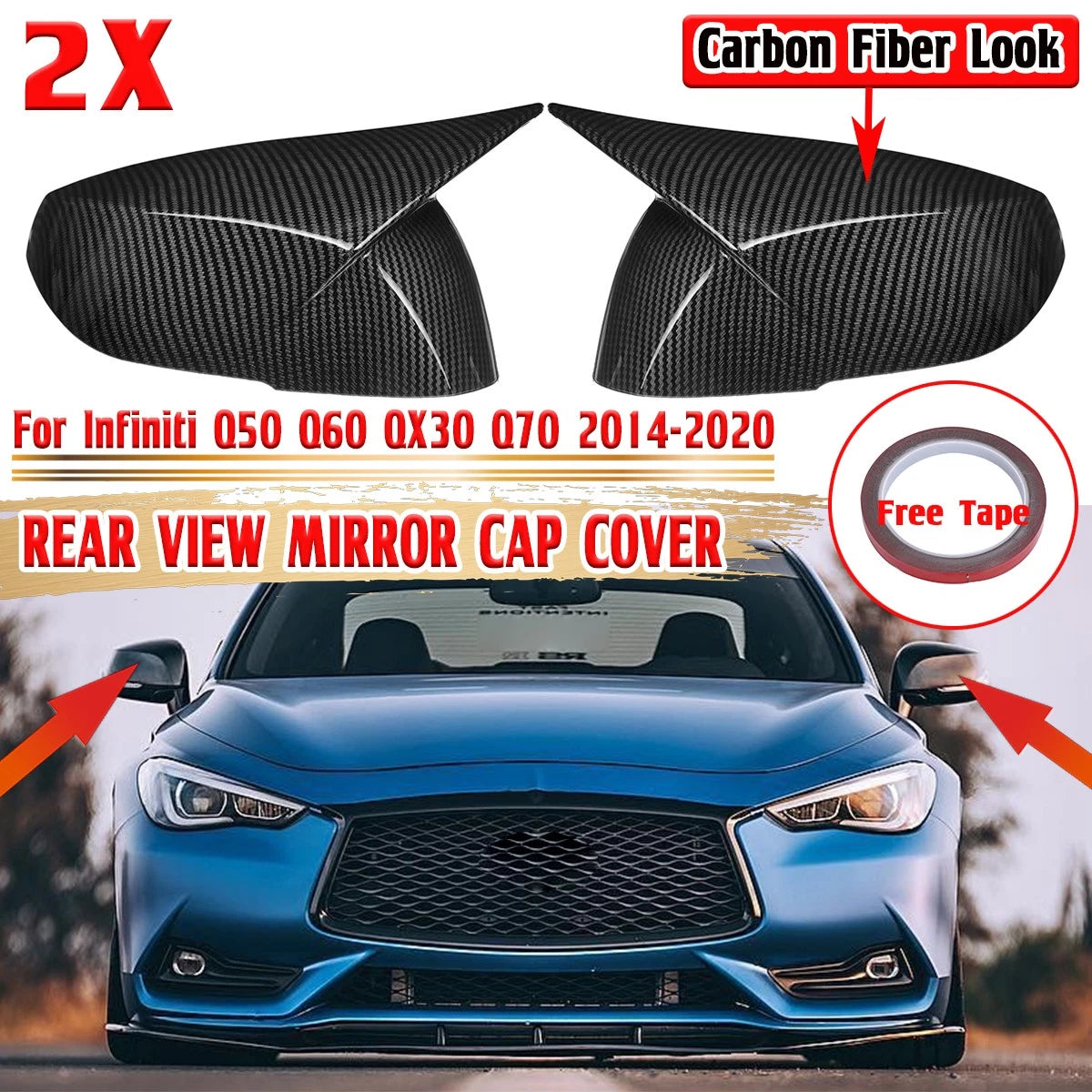 Carbon Look Rearview Mirror Cap Cover for Infiniti Q50 Q60 QX30 Q70 (2014–2020)