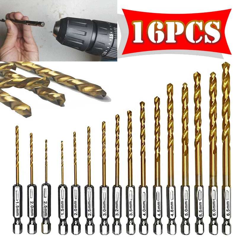 16pcs Hexagonal Bit Drill Set for Impact Tools (Titanium HSS)