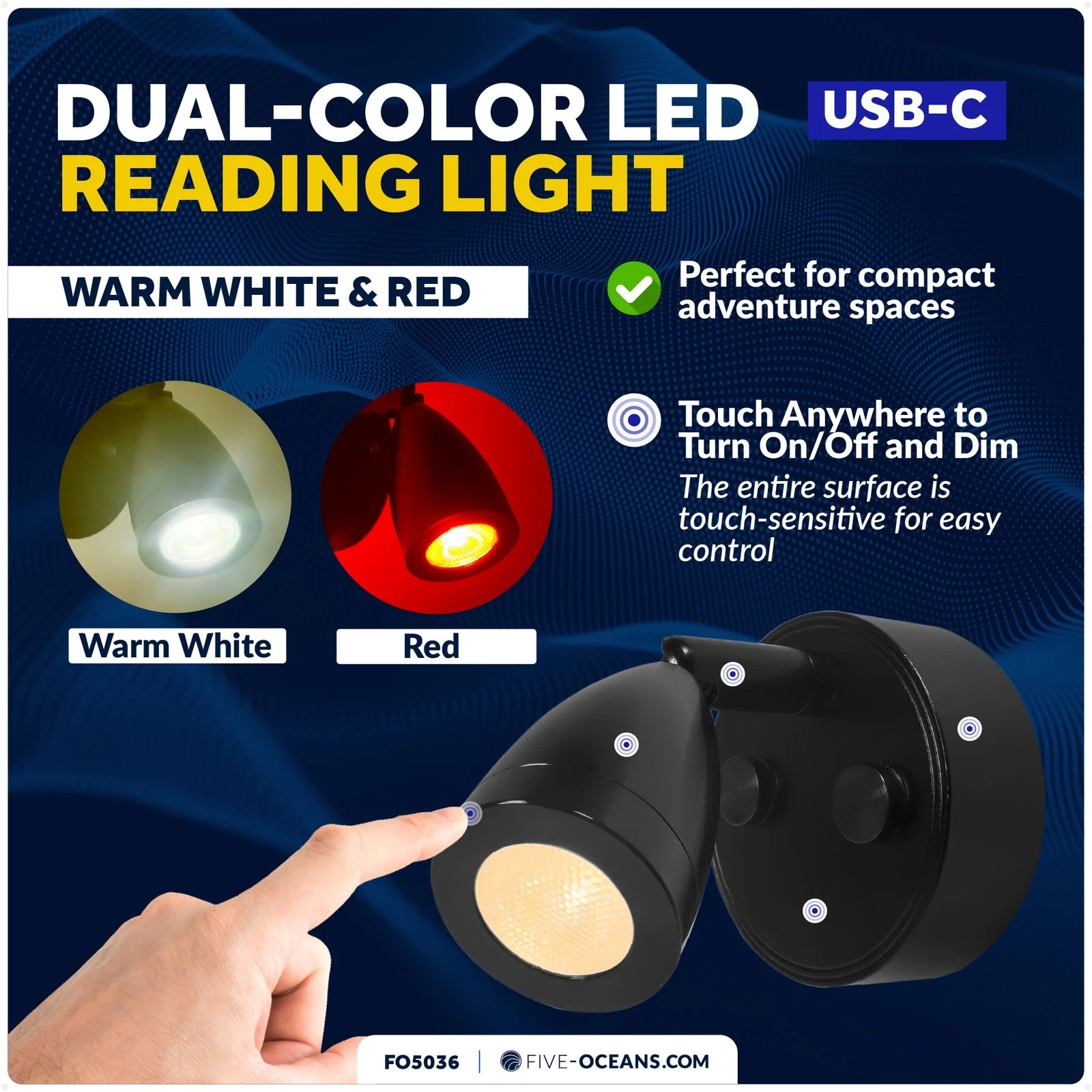 RV LED Reading Light for Universal Use (12V) - Touch Dimmer, USB-C, Black